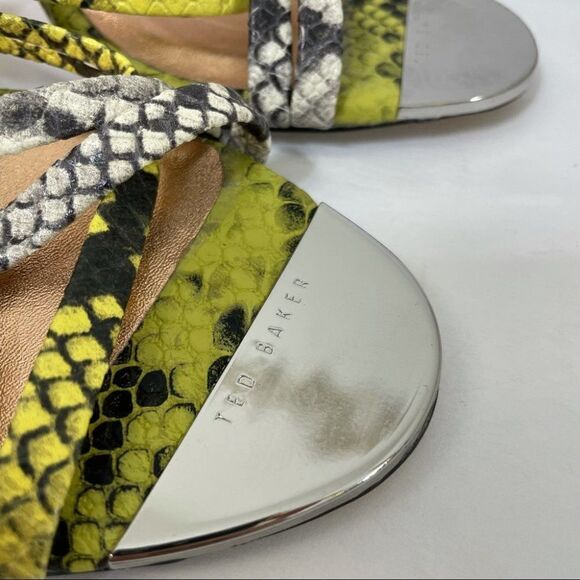 Ted Baker Theanaa Snakeskin Embossed Leather Heeled Sandals Neon Yellow size 37 - Picture 13 of 15
